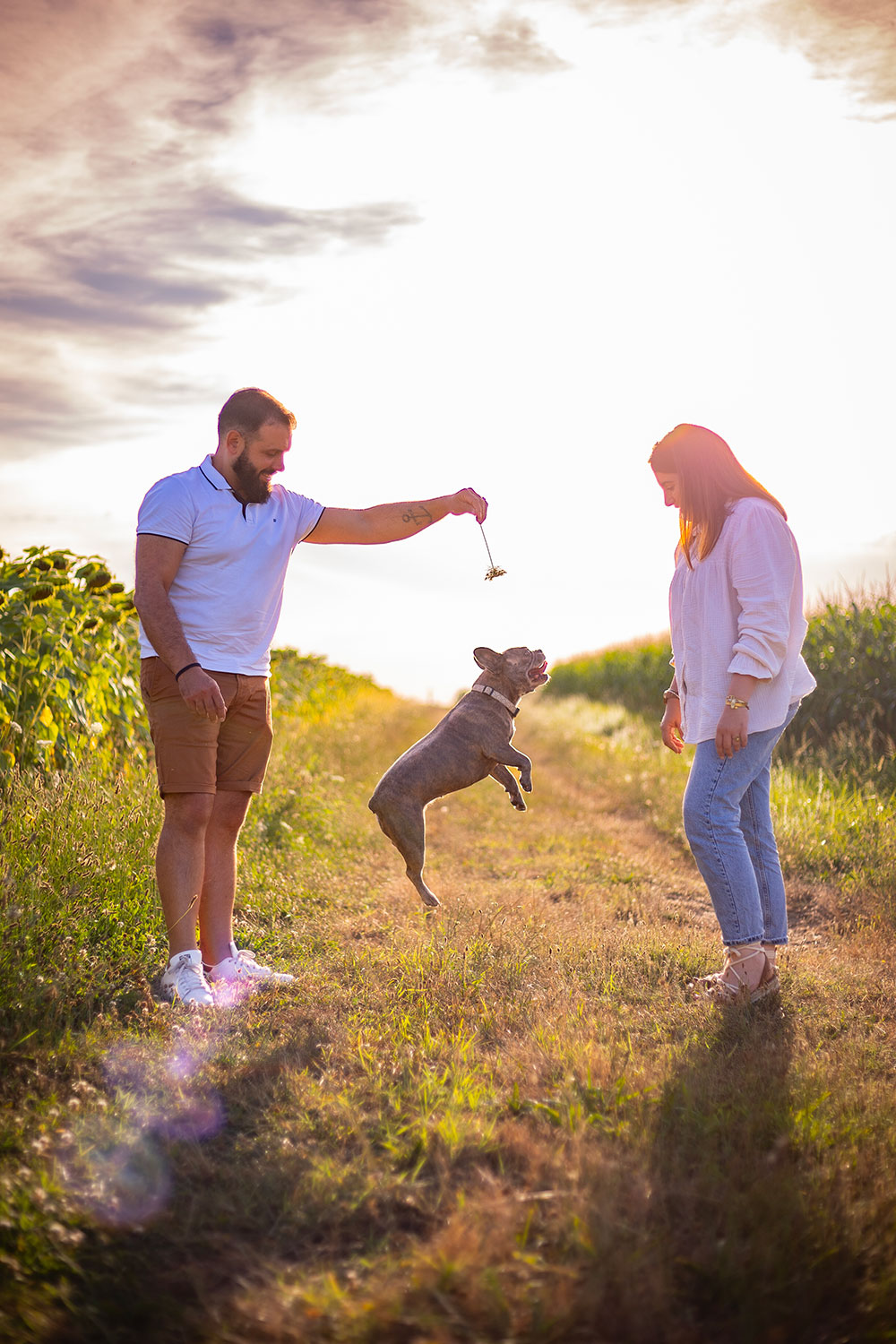 chien boxer qui saute pour attraper une fleur lisa mazeau photographe professionnelle gironde